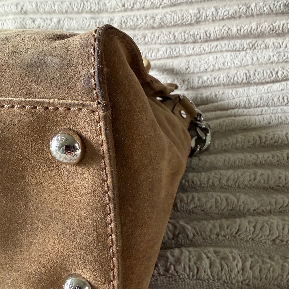 Michael Kors Hamilton Tan Suede Satchel Bag Silver Hardware Lock & Key Large - Picture 6 of 14